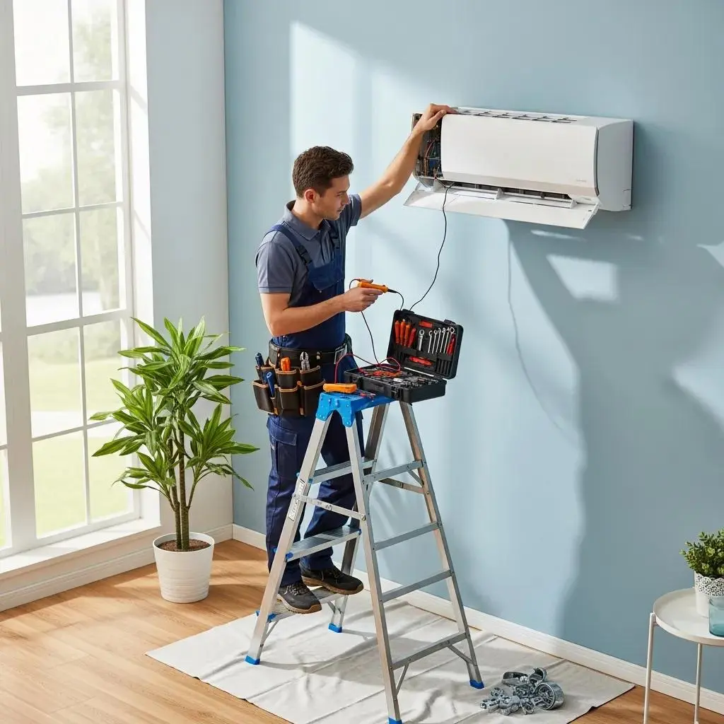 Air conditioning unit being serviced by a technician in a home setting