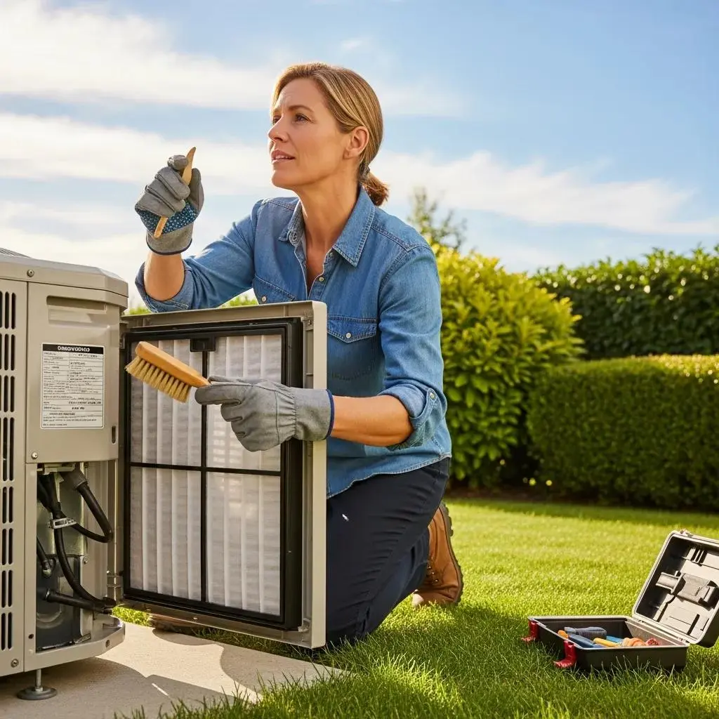 Homeowner inspecting air conditioning unit outdoors, emphasizing proactive maintenance for longevity