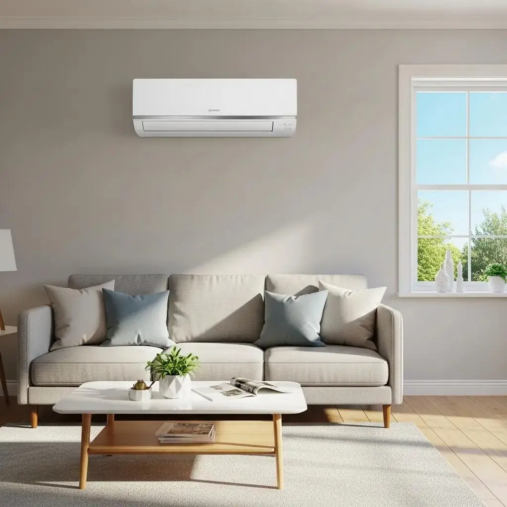 Modern air conditioning unit in a bright living room, highlighting the importance of regular maintenance