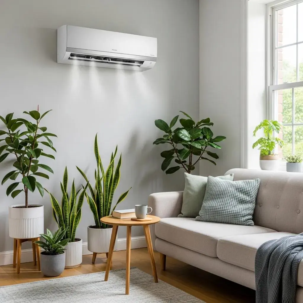 Modern air conditioning unit in a stylish living room, highlighting comfort and efficiency