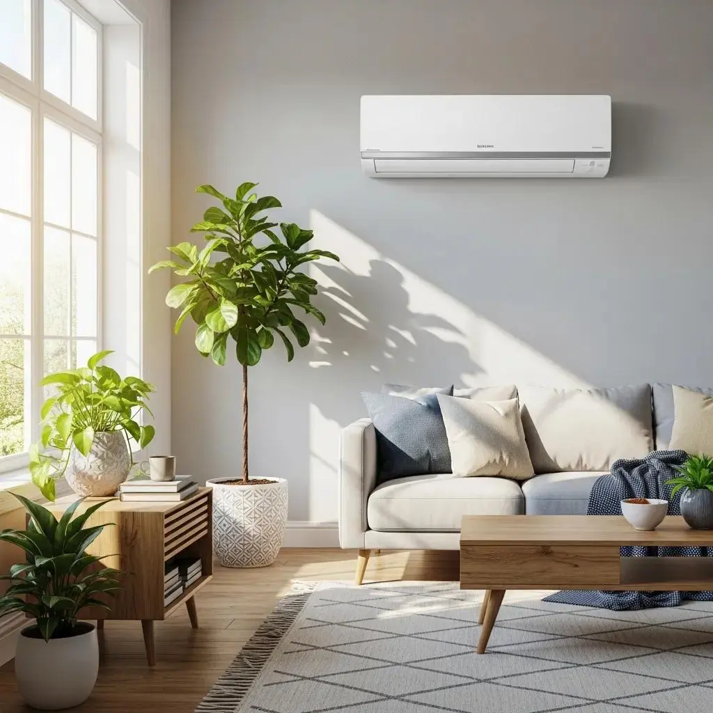 Modern energy-efficient air conditioning unit in a stylish living room