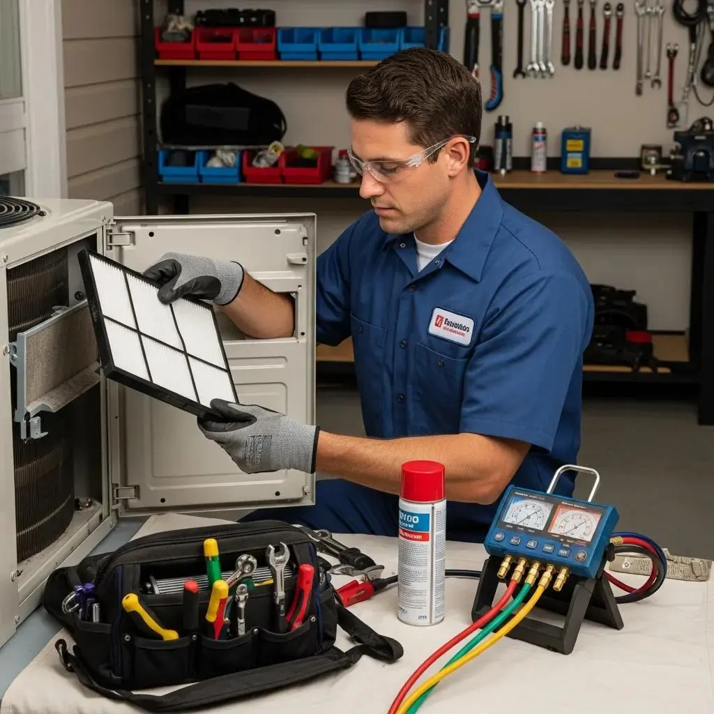 Technician performing maintenance on an air conditioning unit, emphasizing energy efficiency and cost savings
