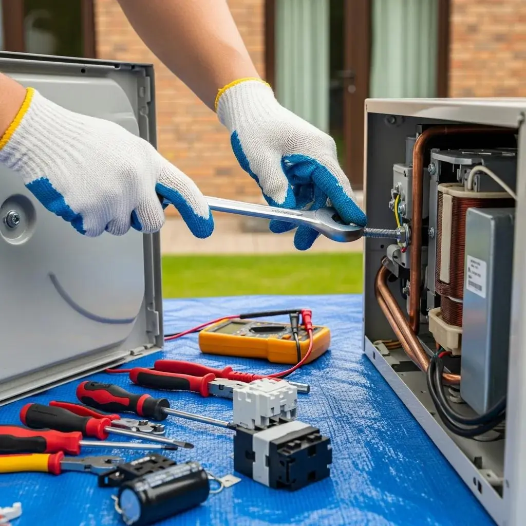 Technician repairing an air conditioning unit with tools in a residential setting