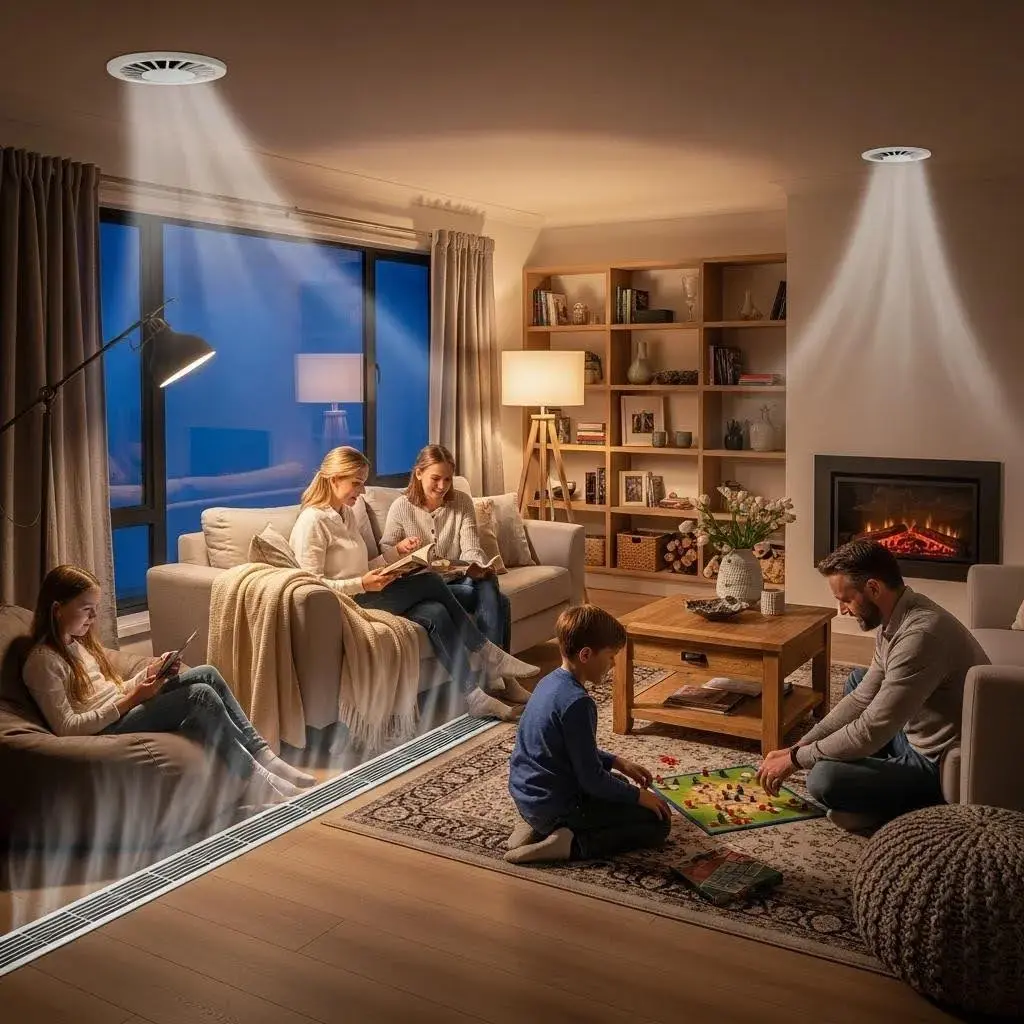 Brivis ducted gas heating system in a cozy living room, highlighting warmth and comfort