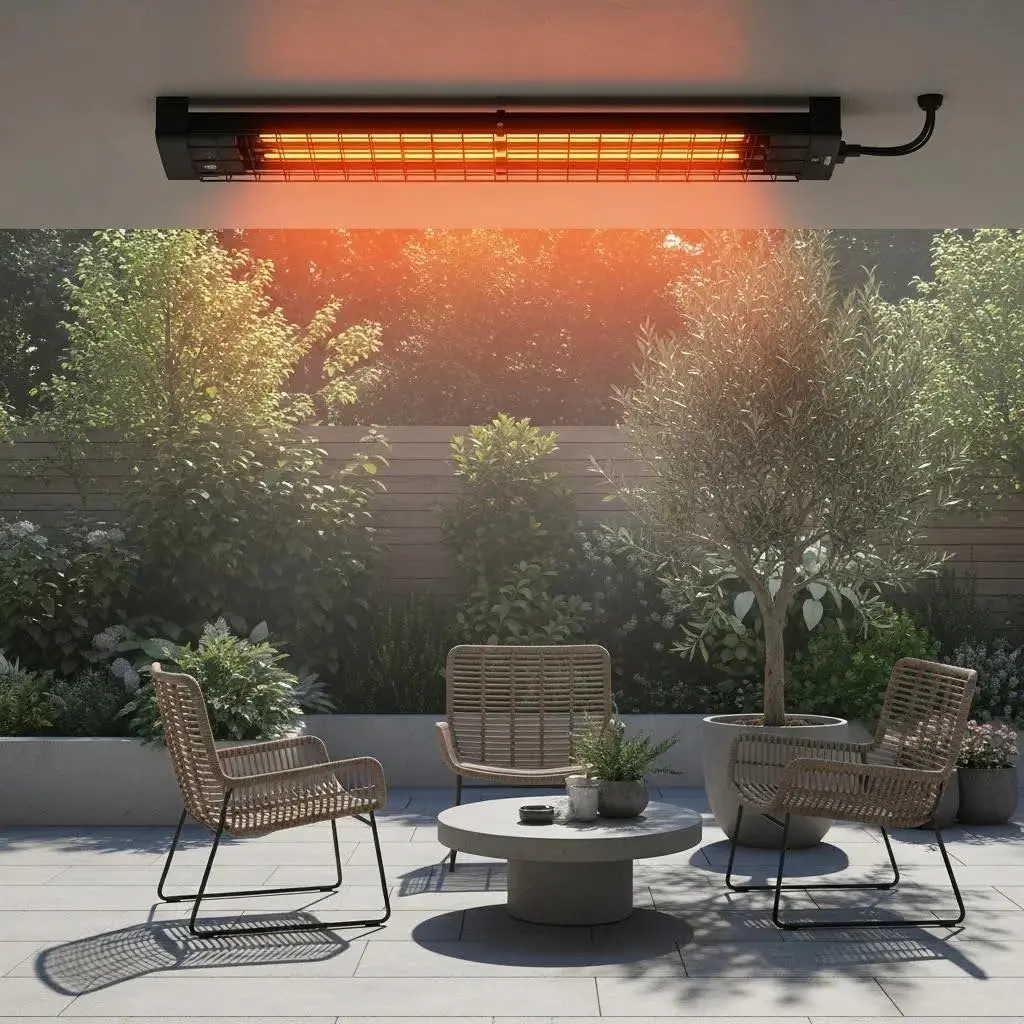 Close-up of an outdoor electrical strip heater showcasing energy efficiency in a well-maintained outdoor space