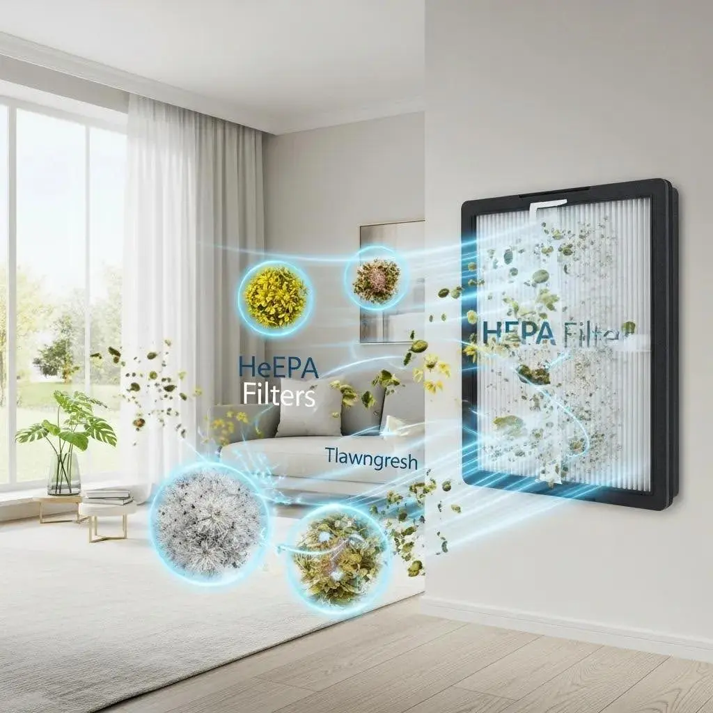 HEPA air filter in a modern home, illustrating its effectiveness in capturing allergens and improving air quality