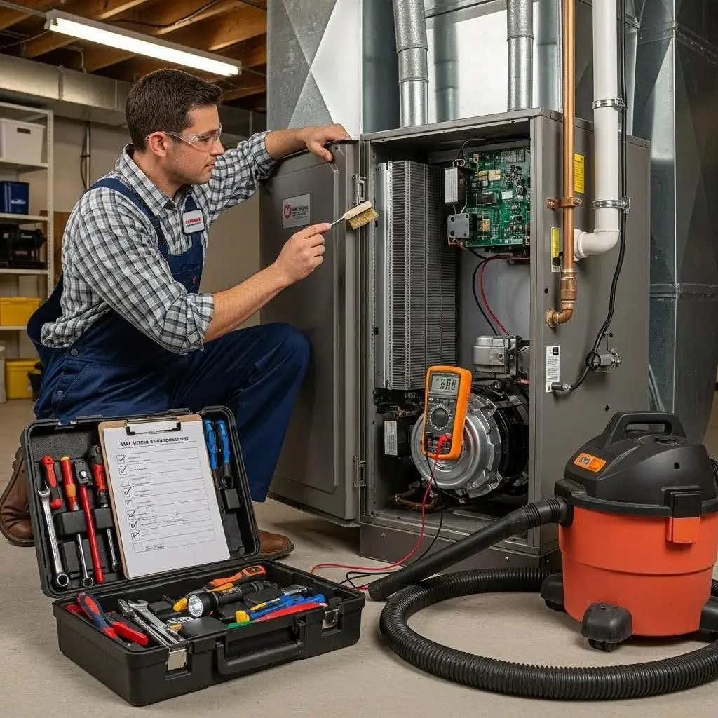 HVAC technician performing maintenance on ducted gas heating system for improved efficiency