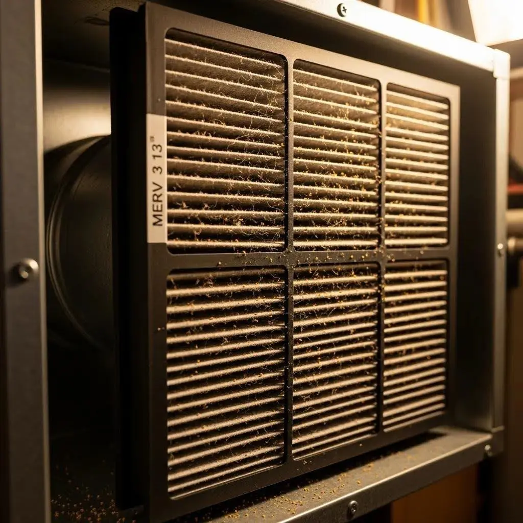 MERV 13 air conditioning filter in a residential setting, showcasing its design and filtration capabilities