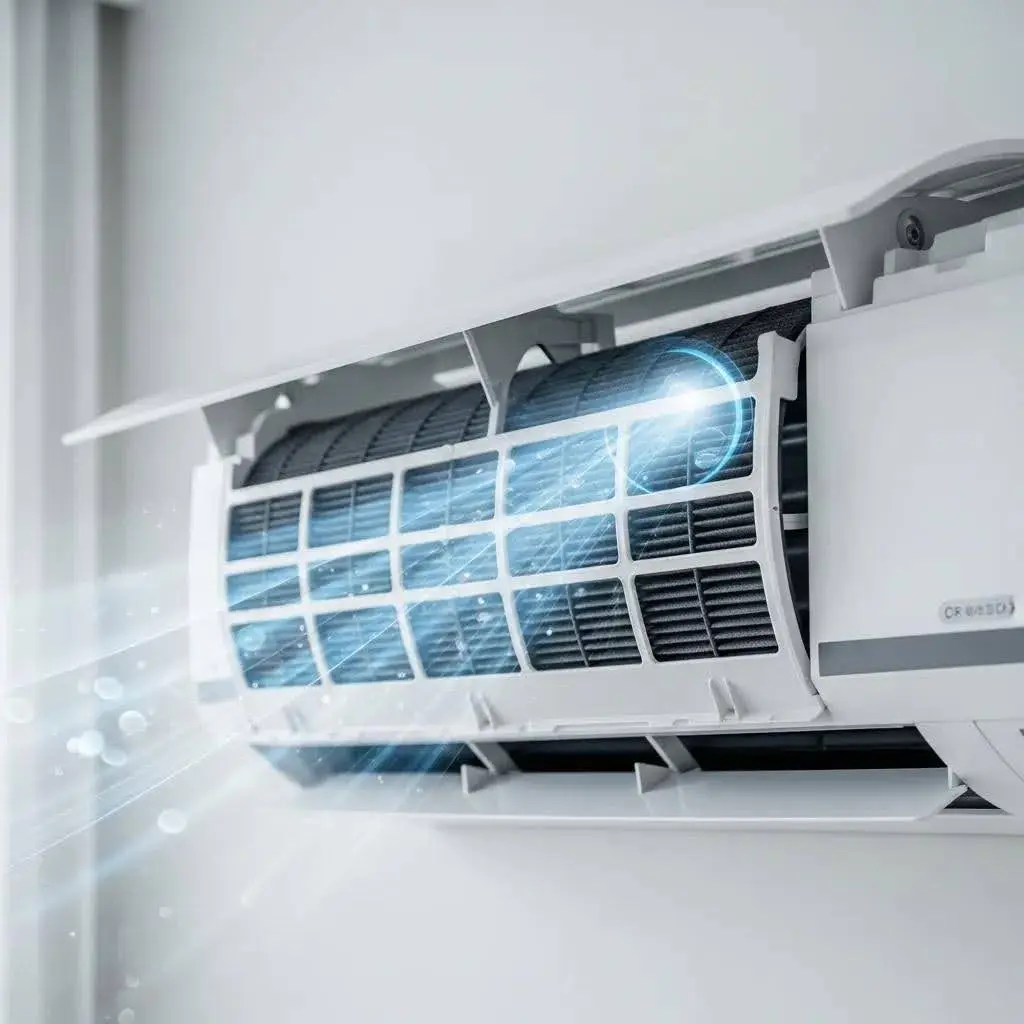 Modern air conditioning unit with a focus on air filter, emphasizing indoor air quality