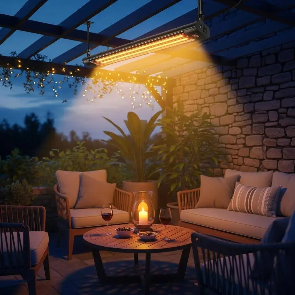 Outdoor electrical strip heater warming a cozy patio with seating and ambient lighting