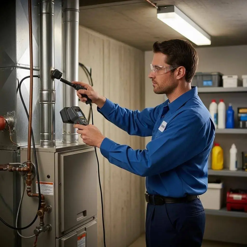 Technician conducting safety inspection on ducted gas heating system to prevent carbon monoxide risks