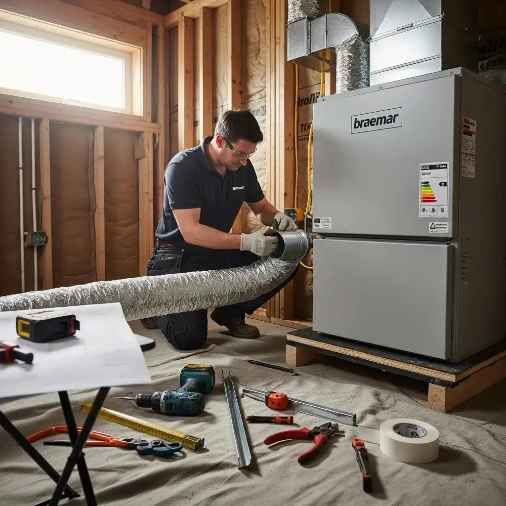 Technician installing Braemar ducted gas heating system, highlighting professional installation process
