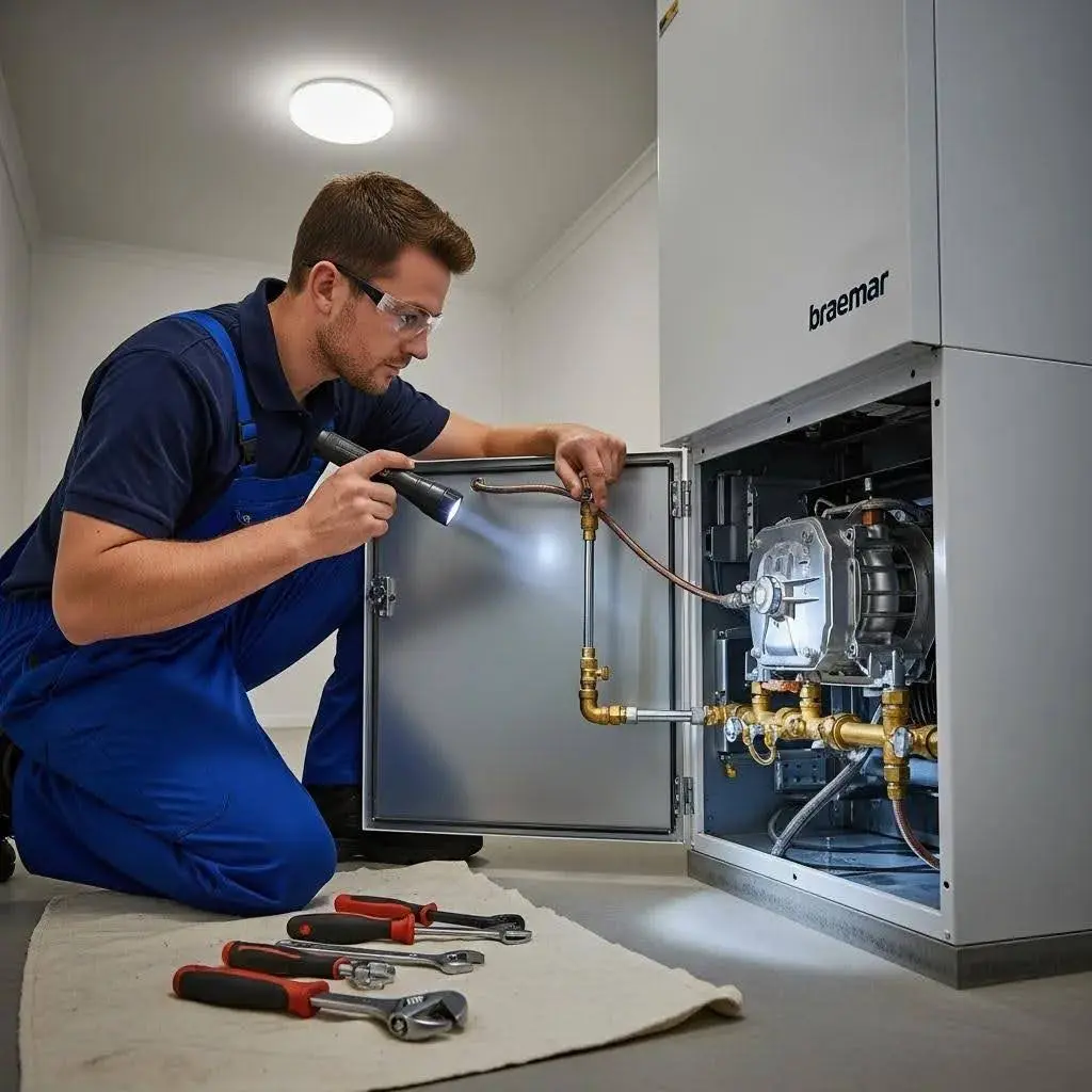 Technician performing maintenance on Braemar ducted gas heating system, emphasizing energy efficiency