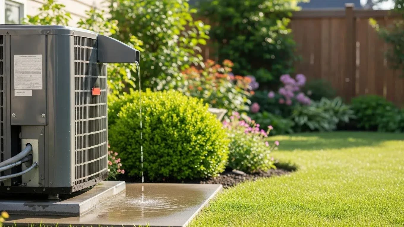 Air conditioning unit leaking water in a residential backyard