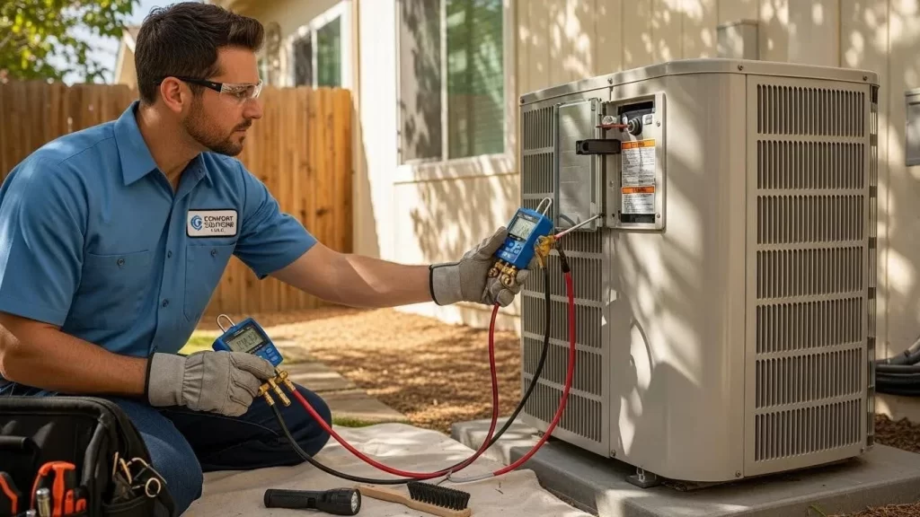 HVAC technician inspecting an air conditioning unit in a home